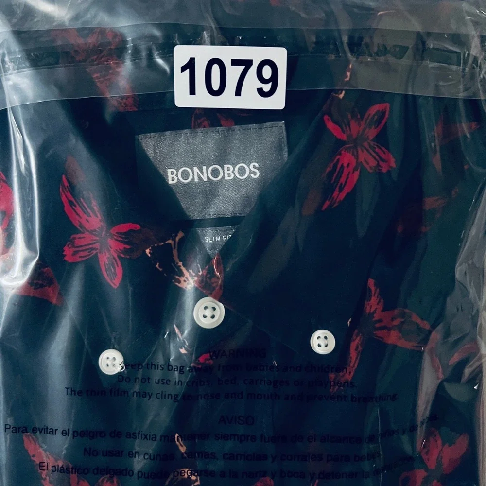 Bonobos Mens Slim Fit Butterfly Print Button Down Shirt Navy Red Size M